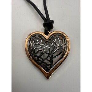 Two Tone Heart Pendant Necklace Black Cord Modern Statement